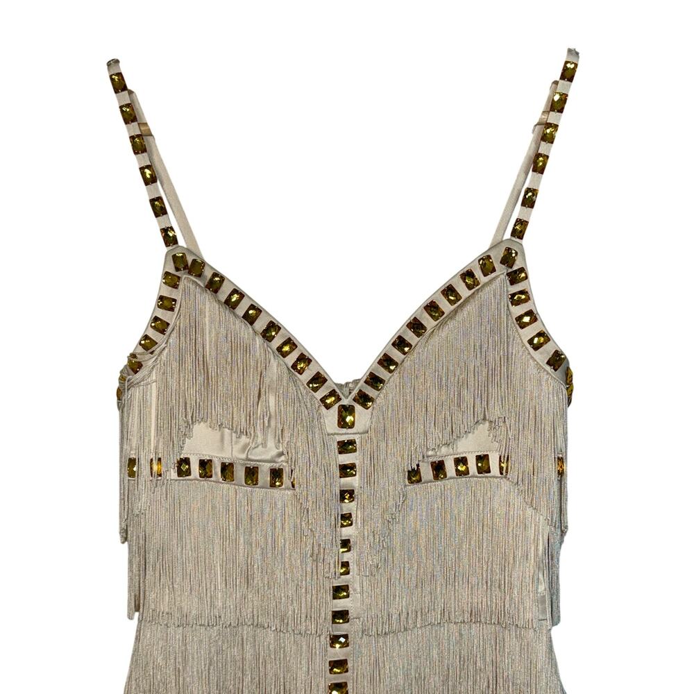 NWT Mandalay Cream Ivory Gold Beaded Fringe Midi Evening Cocktail Dress Womens 6 - Picture 2 of 16